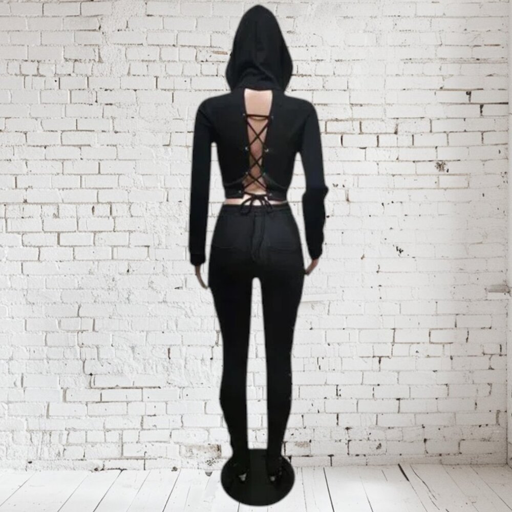 \NWT Mundefeis Open Back Bandage Hoodie Crop & Pants Casual Wear Black